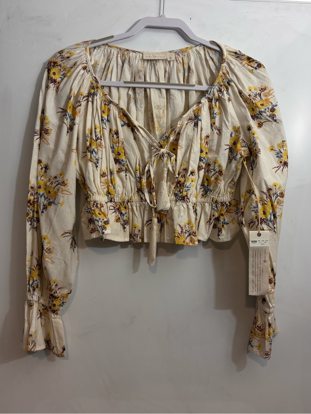 Cropped Tie-Front Floral Blouse - Cream with Yellow Floral